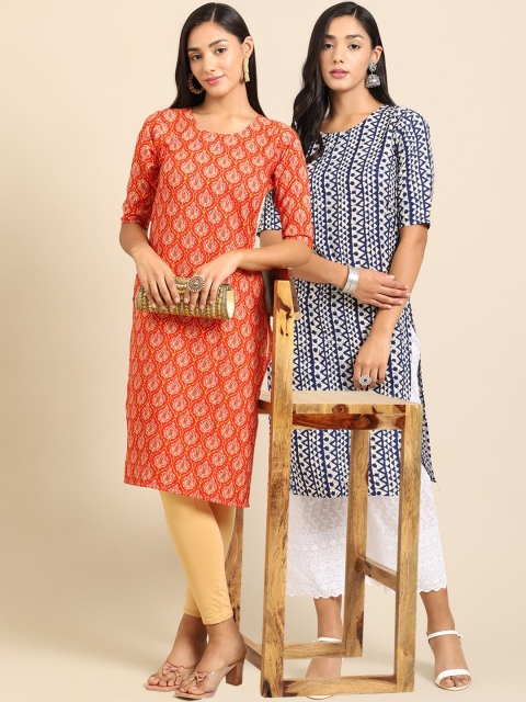

KALINI Women Pack Of 2 Orange & Blue Ethnic Motifs Printed Handloom Crepe Kurta