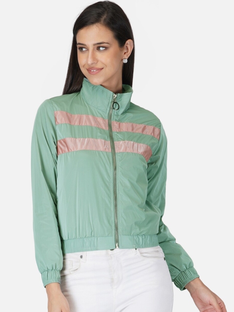 

Tinted Women Sea Green Pink Striped Crop Bomber Jacket