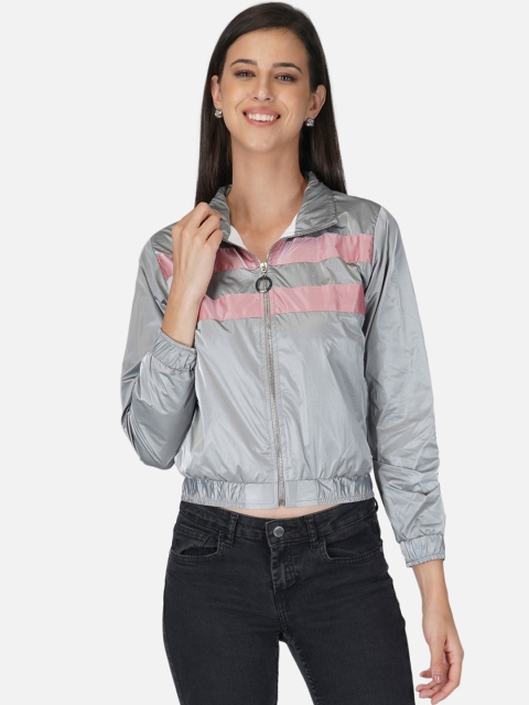 

Tinted Women Grey Solid Crop Bomber Jacket