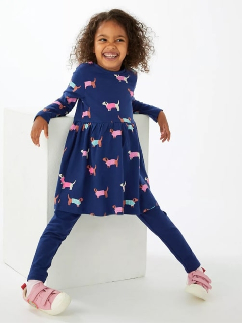 

Marks & Spencer Girls Navy Blue & Pink Printed Cotton A-Line Dress