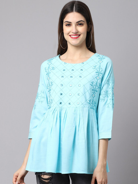

ANAISA Blue Maternity Printed Floral Embroidered Top