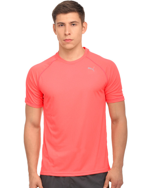 

Puma Men Coral Red Core Run Solid Round Neck T-shirt