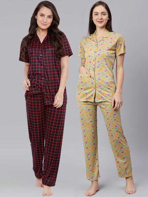 

Pretty Awesome Women Pack of 2 Black & Beige Printed Night suit