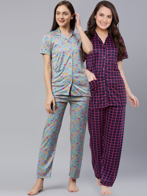 

Pretty Awesome Women Pack Of 2 Navy Blue & Grey Printed Night suit
