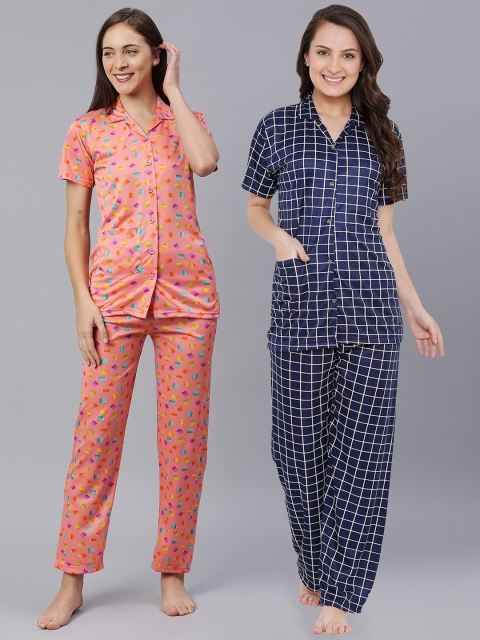 

Pretty Awesome Pack of 2 Women Navy Blue & Peach-Coloured Printed Night suits