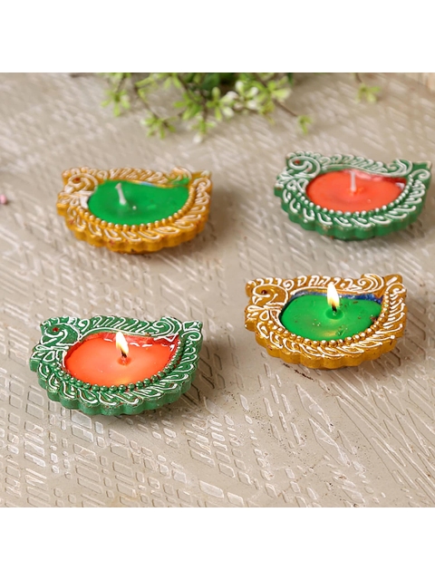 

Aapno Rajasthan Set Of 4 Gold & Green Handcrafted Terracotta Swan Designed Diya