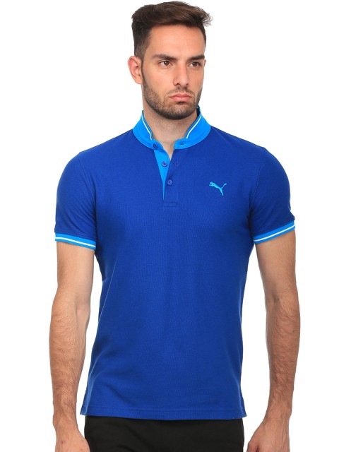 

Puma Men Blue Cut Sewn Solid Stand Collar T-shirt