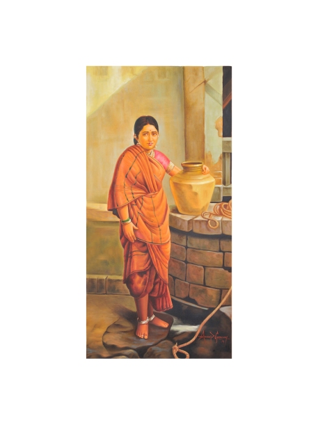 

Exotic India Orange & Red Lady At The Well Painting Wall Art