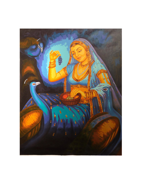 

Exotic India Orange & Blue Lady Feeding Fruits to Her Pet Peacocks Wall Painting