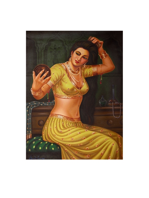 

Exotic India Yellow & Black Lady Dressing Herself Hand-Painted Wall Art