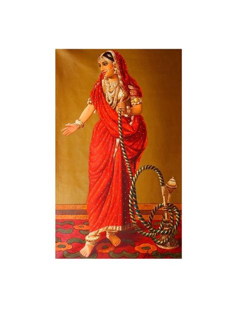 

Exotic India Red A Woman of the Court at Faizabad Hand-Painted Wall Art