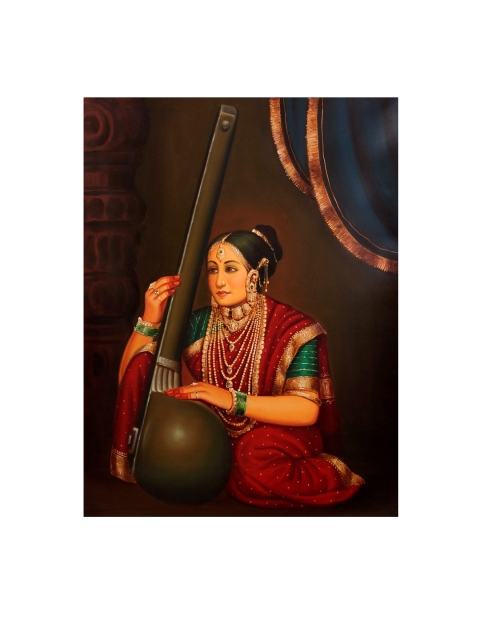 

Exotic India Red & Black Rich Lady Playing a Tanapura Painting Wall Art