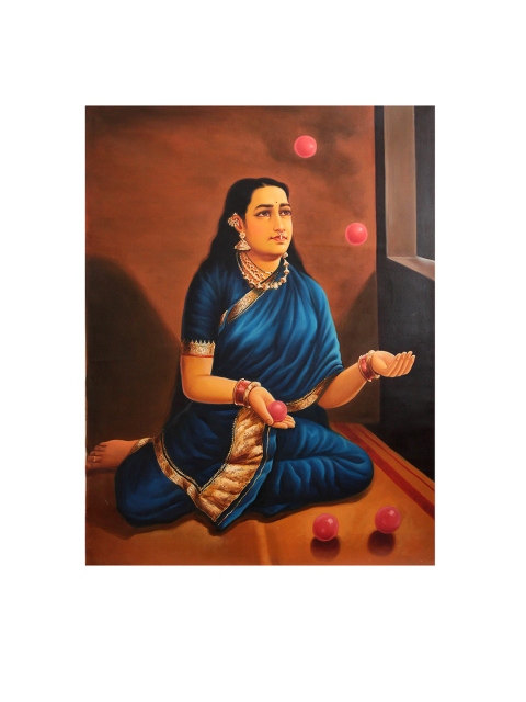 

Exotic India Blue Printed Lady Playing with a Ball Painting Wall Art