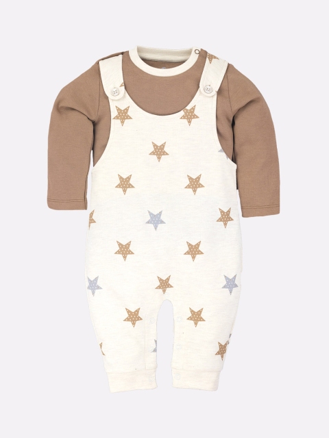 

BABY GO Infant Boys Beige Printed Pure Cotton Dungaree With T-Shirt