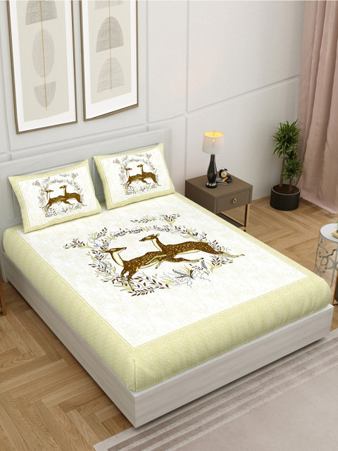 

Salona Bichona Brown & Green Floral 144 TC King Bedsheet with 2 Pillow Covers