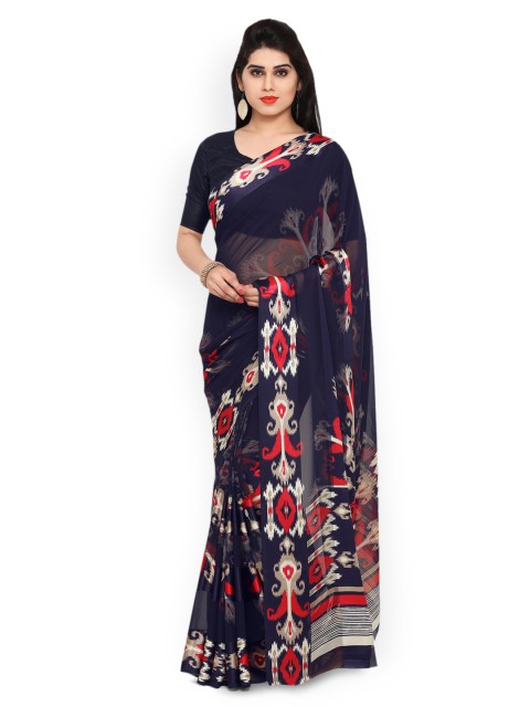 

Ligalz Blue Printed Poly Georgette Saree