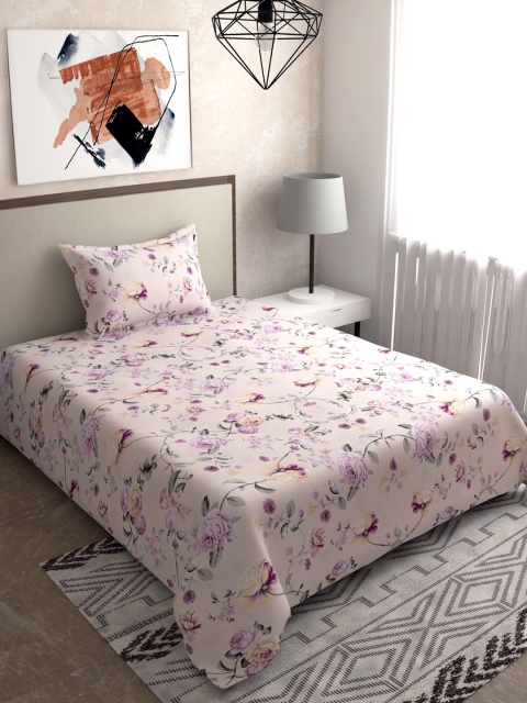 

Salona Bichona Peach-Coloured & Purple Floral 144 TC Single Bedsheet with 1 Pillow Covers