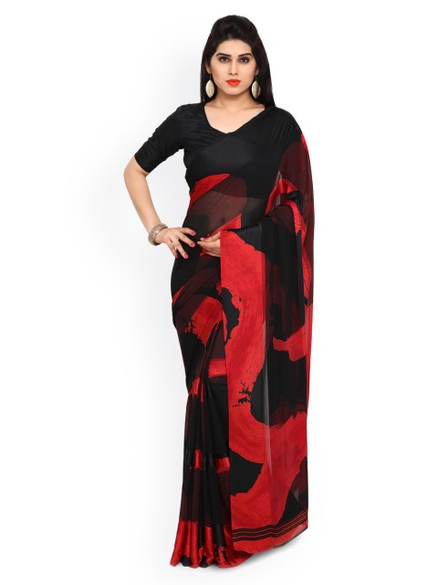 

Ligalz Black & Red Poly Georgette Printed Saree