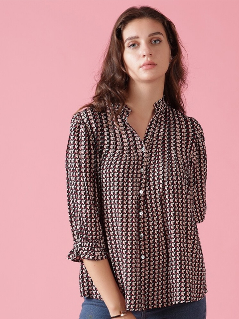 

Gipsy Black Geometric Print Mandarin Collar Shirt Style Top