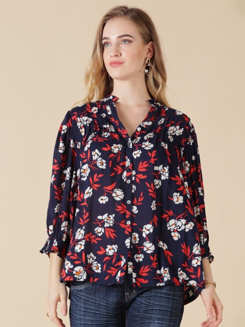 

Gipsy Women Blue Mandarin Collar Floral Printed Rayon Tunic