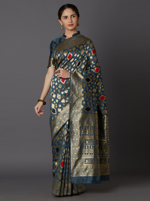 

Mitera Grey & Gold-Toned Woven Design Zari Art Silk Kanjeevaram Saree