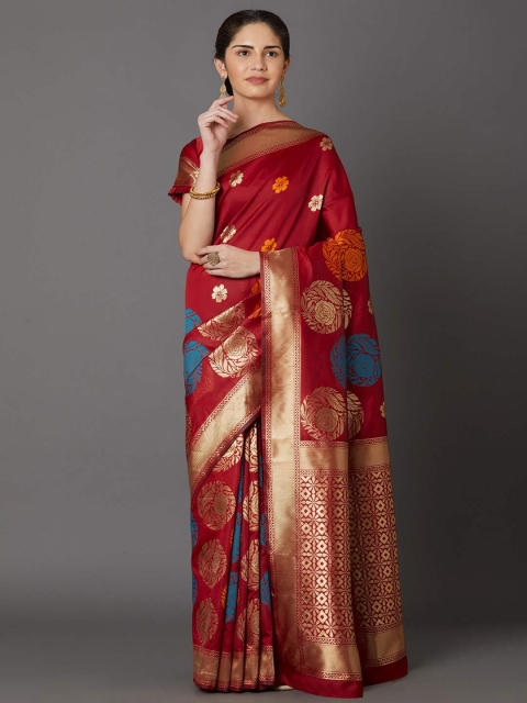 

Mitera Red & Orange Floral Zari Sambalpuri Saree