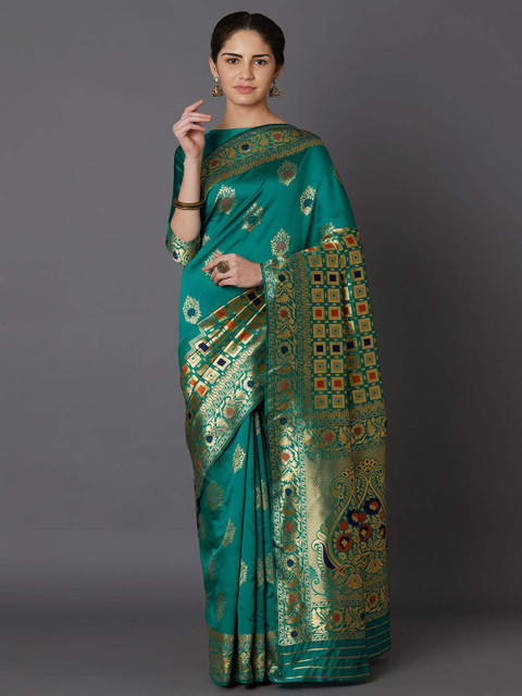 

Mitera Teal & Gold-Toned Ethnic Motifs Zari Sambalpuri Saree