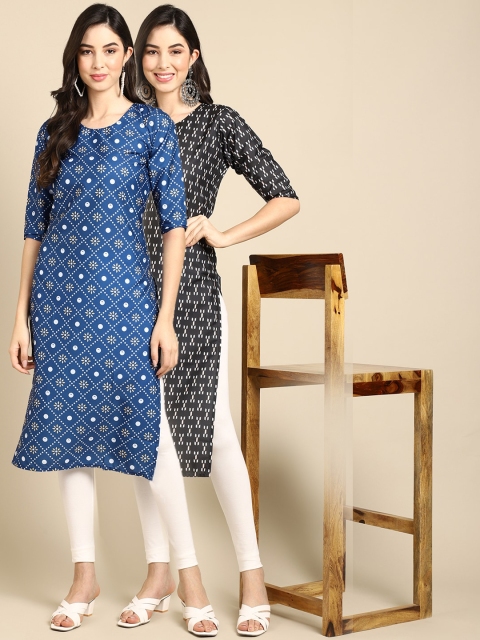

KALINI Women Pack of 2 Blue & Black Floral Printed Block Print Handloom Crepe Kurta