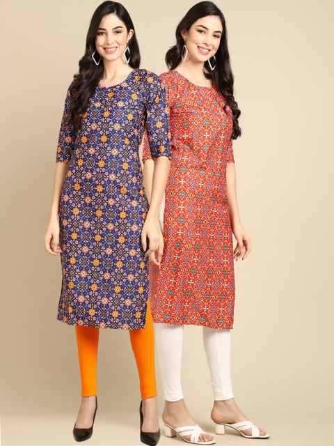 

KALINI Women Pack Of 2 Blue & Red Floral Printed Block Print Crepe Kurta