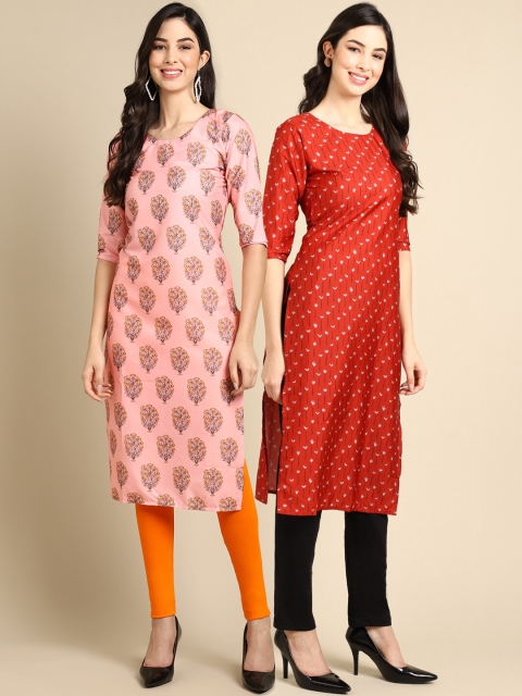 

KALINI Women Pack of 2 Pink & Red Ethnic Motifs Printed Crepe Kurta