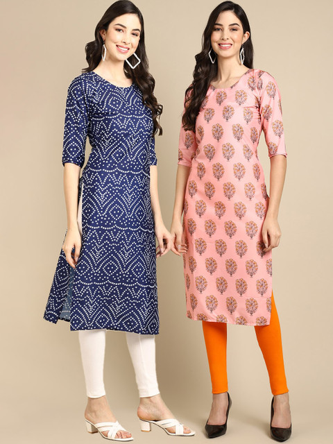 

KALINI Women Blue & Peach-Coloured Set Of 2 Ethnic Motifs Printed Crepe Kurta