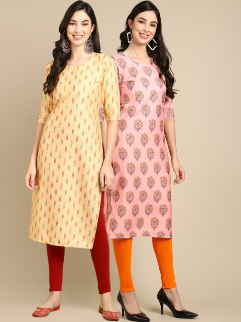 

KALINI Women Yellow & Peach-Coloured Set Of 2 Ethnic Motifs Printed Crepe Kurta