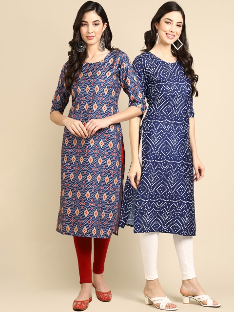 

KALINI Women Pack Of 2 Blue & Orange Ethnic Motifs Printed Crepe Kurta