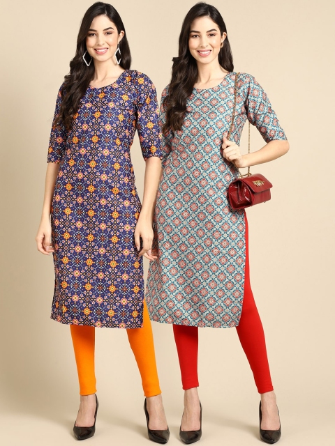 

KALINI PACK OF 2 Women Ethnic Motifs Printed Block Print Handloom Crepe Kurta, Blue