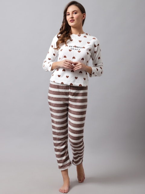

TAG 7 Women White & Brown Printed Night suit