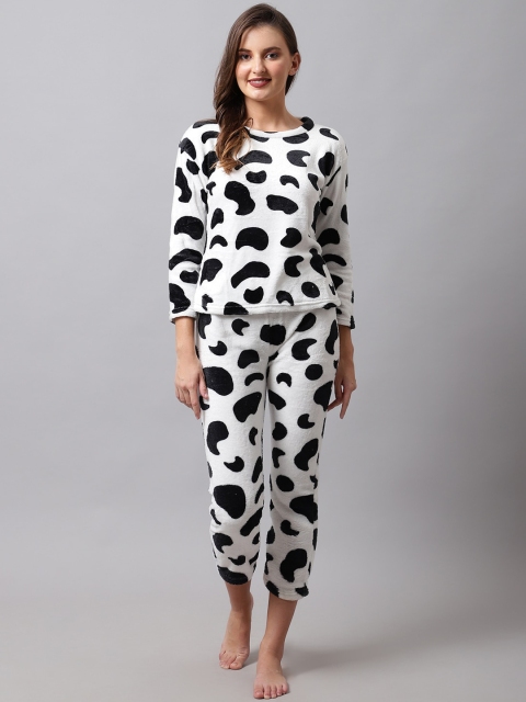 

TAG 7 Women White & Black Printed Fur Night suit