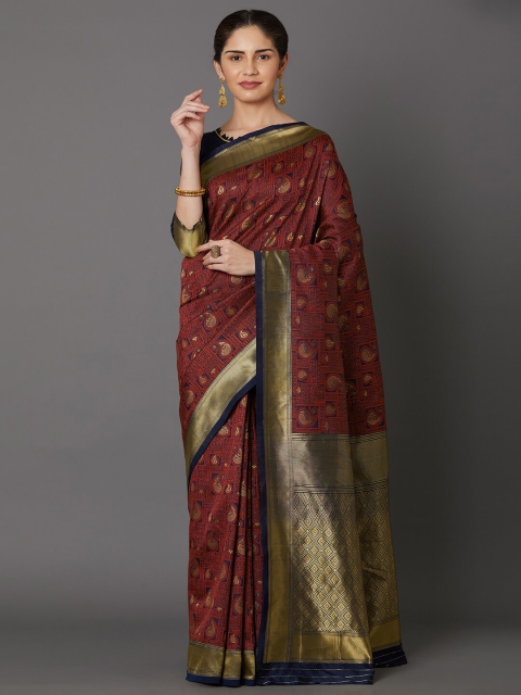 

Mitera Maroon & Blue Woven Design Zari Art Silk Kanjeevaram Saree