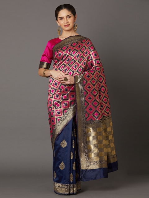 

Mitera Pink & Gold-Toned Woven Design Zari Silk Blend Half and Half Banarasi Saree