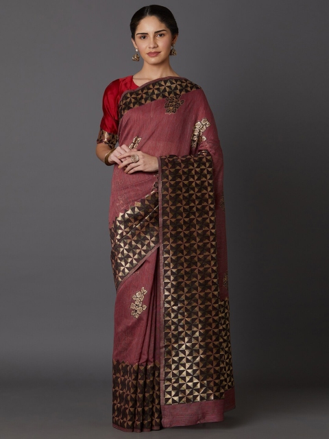 

Mitera Maroon & Gold-Toned Woven Design Zari Silk Blend Banarasi Saree