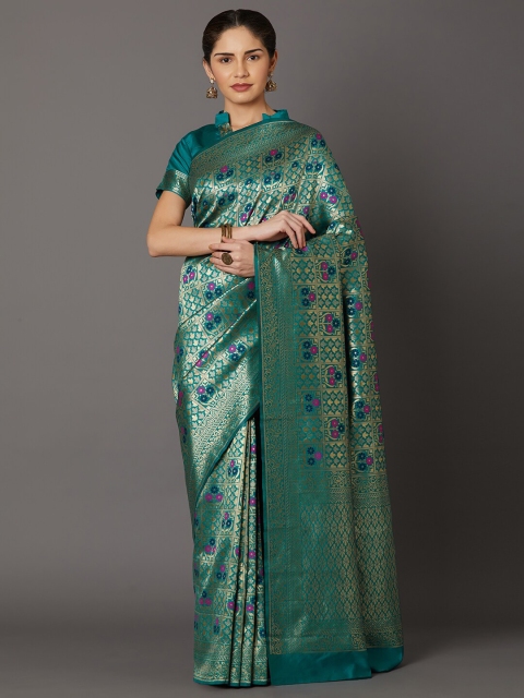 

Mitera Teal Green & Blue Floral Zari Silk Blend Banarasi Saree