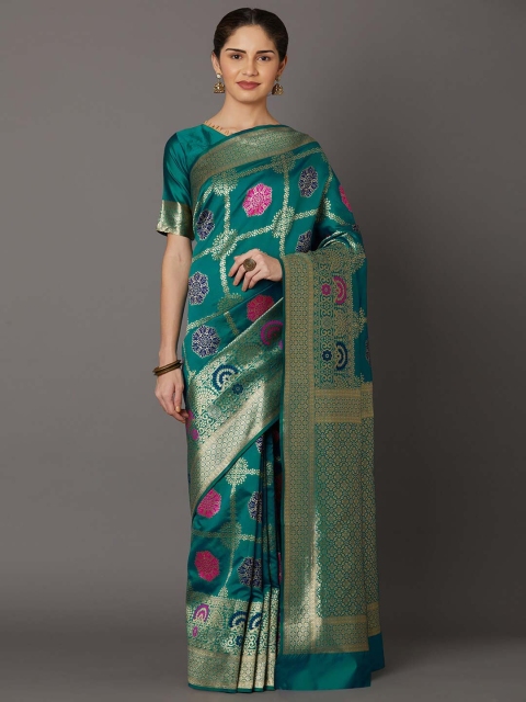 

Mitera Teal & Pink Woven Design Zari Silk Blend Banarasi Saree