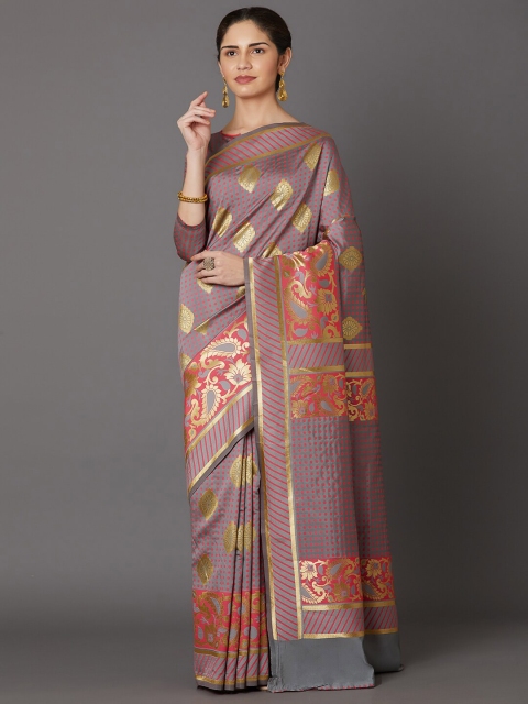 

Mitera Pink & Grey Woven Design Zari Silk Blend Sambalpuri Saree