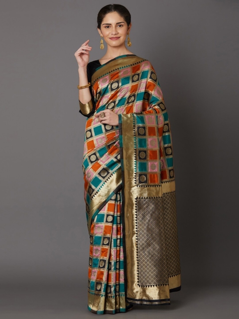 

Mitera Orange & Blue Ethnic Motifs Zari Silk Blend Sambalpuri Saree