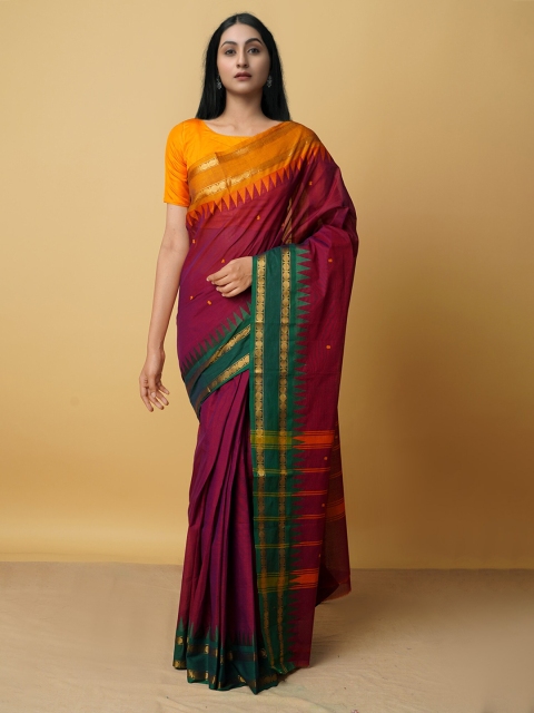 

Unnati Silks Purple & Green Woven Design Zari Pure Cotton Kanjeevaram Saree