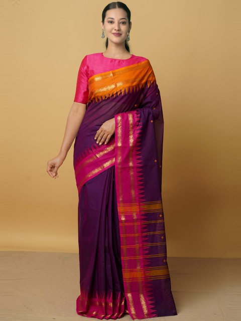 

Unnati Silks Purple & Pink Woven Design Zari Pure Cotton Kanjeevaram Saree