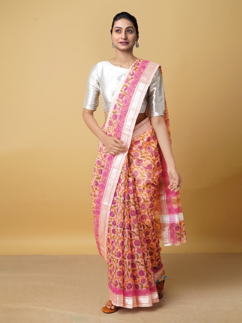 

Unnati Silks Peach-Coloured & Green Ethnic Motifs Zari Pure Cotton Kota Saree