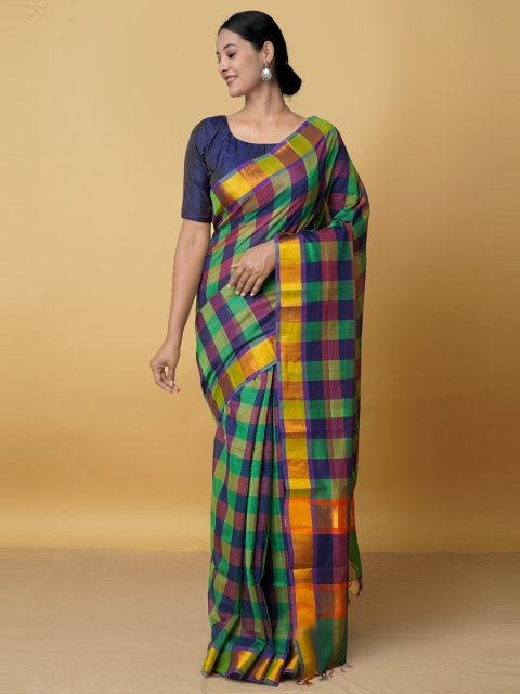 

Unnati Silks Multicolor Checked Zari Silk Cotton Mangalagiri Saree, Multi