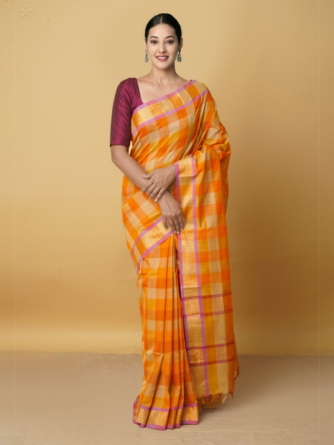 

Unnati Silks Orange And Gold-Toned Checked Zari Silk Cotton Mangalagiri Saree