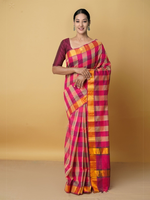 

Unnati Silks Maroon And Magenta Checked Zari Silk Cotton Mangalagiri Saree
