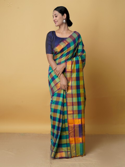 

Unnati Silks Green & Orange Checked Silk Cotton Mangalagiri Saree